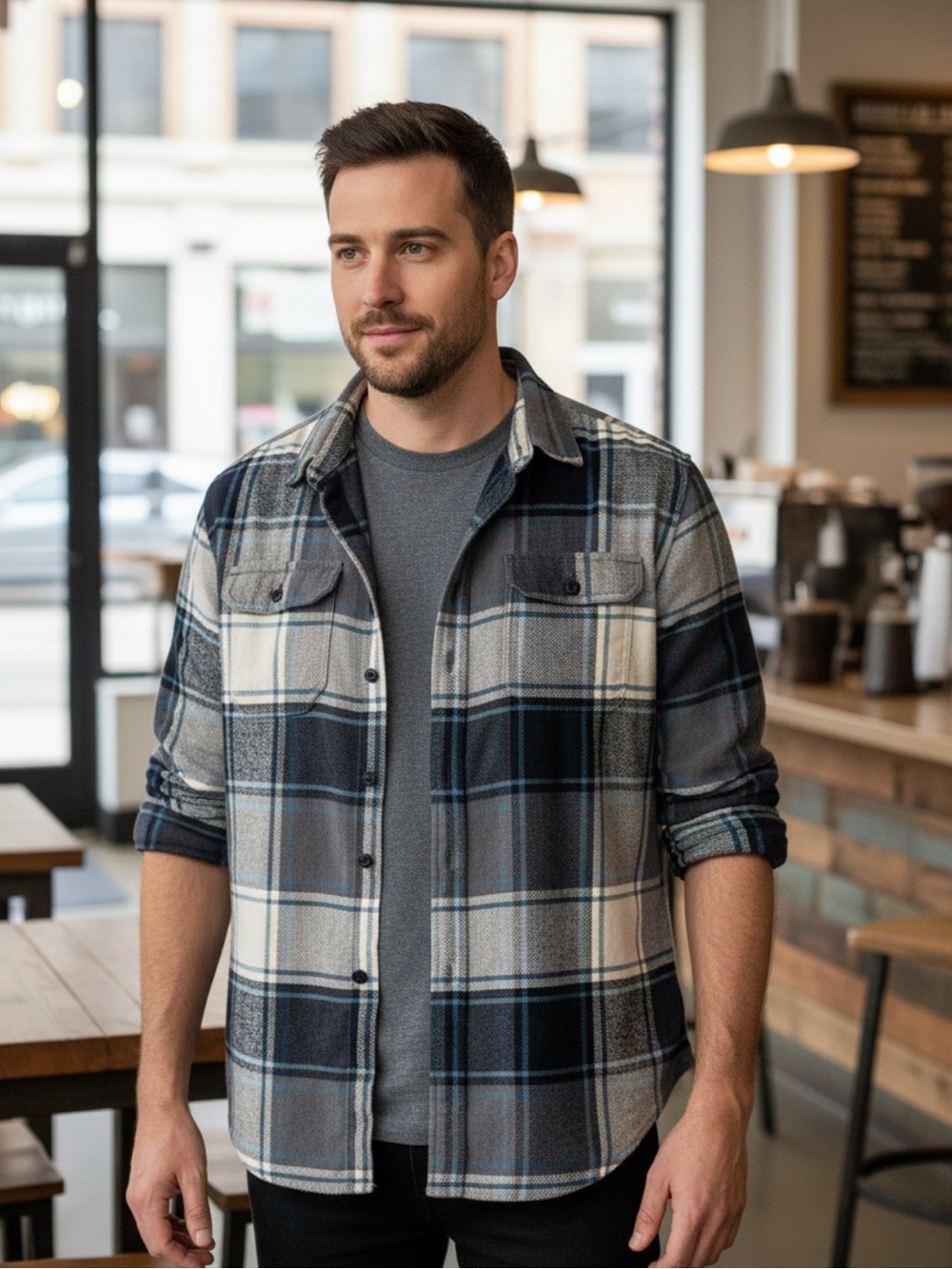 American Eagle Outfitters Men's Gray & Navy Plaid Button-Down Shirt